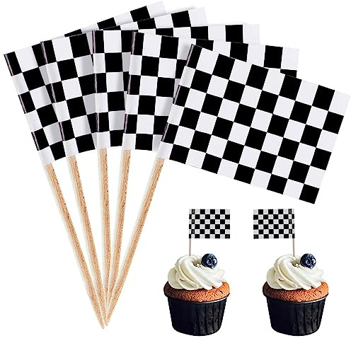 POPOYU 100 Stück F1 Zielflagge Zahnstocher Flaggen,Zielflagge Klein,Muffin TopperZielflagge,Rennauto Flagge Fahne Klein Cocktail Tischdeko für Rennauto Deko Kindergeburtstag Cupcake-Topper deko