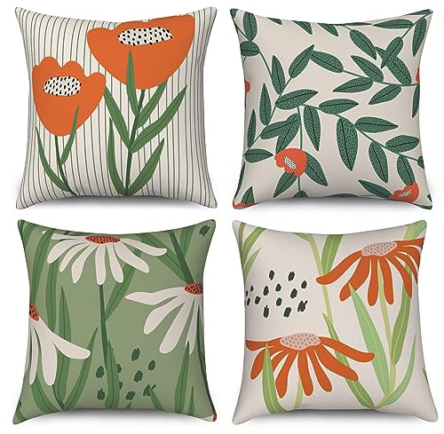 ASDCXZ Cushion Covers 40cm x 40cm Set of 4, Boho Orange Flower Leaves Green Beige Outdoor Garden Sofa Decoration Cushion Cover Washable Polyester Linen Fabric Upholstery Pillow Cover