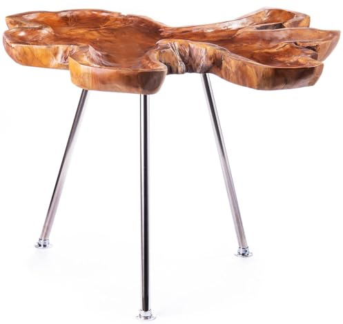 Massivholztisch VILLA IBIZA rund Teakholz Baumscheibe Unikat Tisch Boho Couchtisch Natur Metallbeine Wohnzimmer Outdoor Beistelltisch Holz rustikal Deko Naturlook Handarbeit Landhaus Loftstil