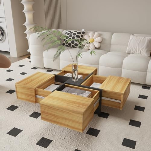 Modern Oak Style Square Coffee Table with 4 Drawers | 80x80x35 cm | Multifunctional Coffee Table with Storage for Living Room | Unique Design