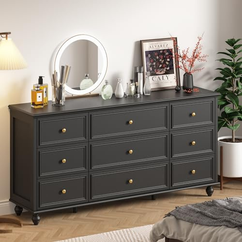 DEZAGCE Kommode Schwarz mit 9 Schubladen, Moderne Sideboard mit Gold Metall Griffe,Holzbeine für Wohnzimmer,Schlafzimmer Schwarz, 160 x 40 x 80 cm