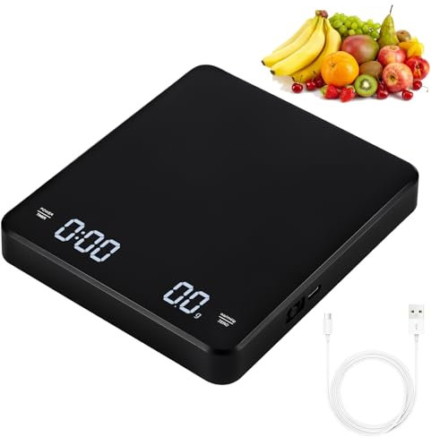 YUNYODA Küchenwaage Digital, Digitale Küchenwaage mit Timer und LED Display, Küchenwaage 0.1g/3kg Genaue, USB Waage Abstellautomatik und Tara Digitalwaage kaffeewaage für Küche Backen Kochen, Schwarz