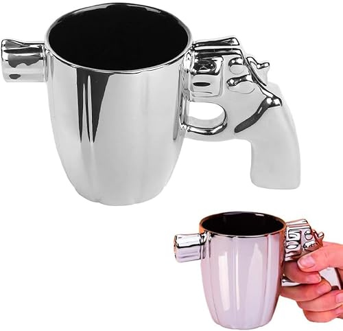 Avilia Tasse café ou thé céramique argent avec design unique pistolet – poignée originale, 300 ml, idée cadeau amusante et élégante