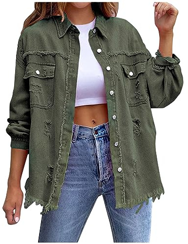 Blouses en jean pour femme - Chemise décontractée boutonnée à manches longues en jean pour femme - Coupe ample - Chemisier d'été et de printemps classique tendance en denim, Vert kaki., XL