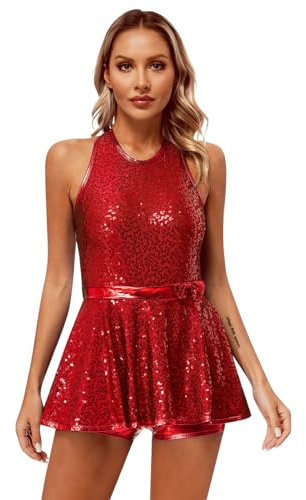 dPois Damen Latein Tanzkleid Glitzer Tanzanzug Neckholder Trikot Kleider mit Pailletten Ärmellos Turnanzug Performance Bühne Outfit A Rot M