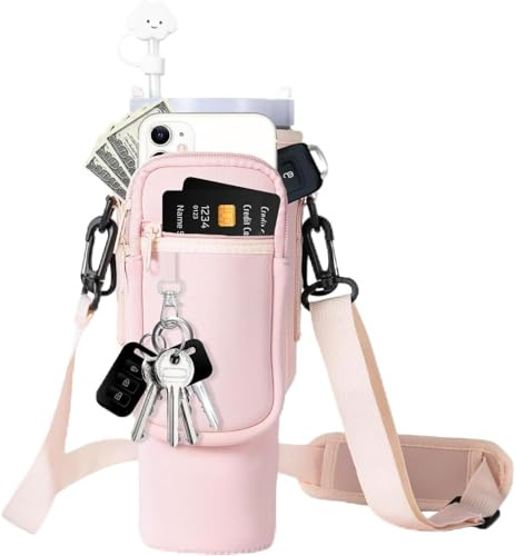 Tragetasche für Cup 40oz,Wasserflaschen Tragetasche mit Handytasche,Tragegriff,Verstellbarer Schultergurt,Karabiner,Strohhülle,Wasserflaschenhalter Für Spaziergänge,Camping,Wandern,Reisen (Rosa)