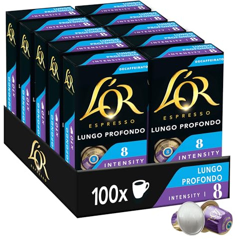 L'Or Espresso Café - 100 Capsules Lungo Profondo Decaffeinato Intensité 8 | Compatibles Nespresso®*, lot de 10 x 10 capsules aluminium