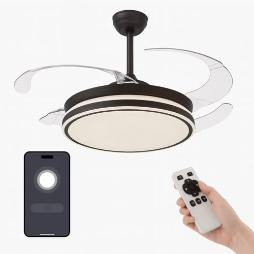 VENTILADOR TECHO LED APP MOVIL FACIL MONTAJE TECHO DC LED ATENUABLE RETRACTIL 4 ASPAS - Opción Sin Pitido, Temporizador, Invierno Verano, 3 Tonos, Modo Brisa, Bajo consumo (Negro, 107D)