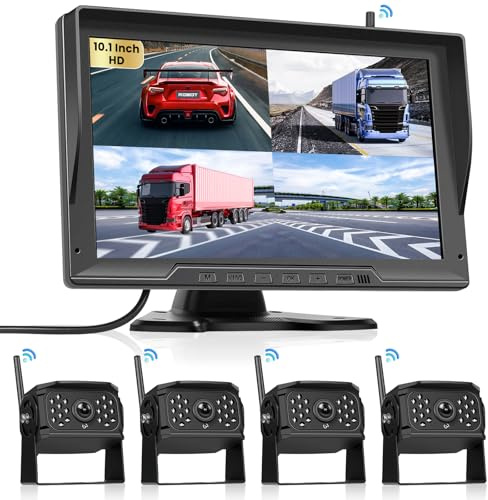 Hodozzy Digitale Kabellos Rückfahrkamera 4 Kamera mit 10.1'' IPS Monitor, Unterstützt BSD,IP68 wasserdichte Rückfahrkamera, Stabile Digitale Signale, Weitwinkel Nachtsicht, 720P DVR Kamera für RV/LKW