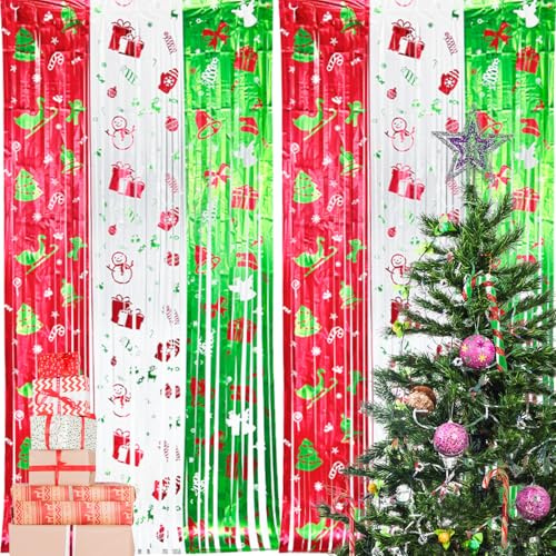 2 Pcs Christmas Tinsel Curtains Red Green Silver Tinsel Curtains Christmas Foil Fringe Curtain Self-Adhesive Christmas Decorations Indoor for Photo Streamer Party Background Decoration A8HBLML