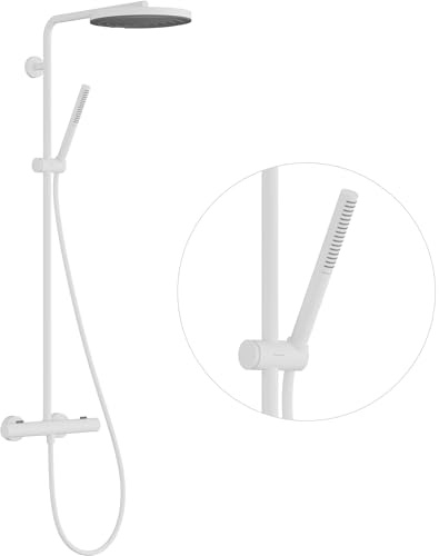 hansgrohe Pulsify S Puro - water-saving shower system (EcoSmart) with thermostat, rainfall shower head (260 mm), hand shower, shower hose, shower rail and head shower round, matt white, 24223700