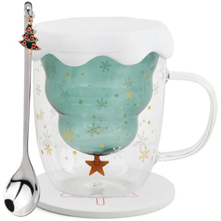 volumoon Tazza da Caffè Natalizia, Tazze con albero di Natale a Doppia Parete, Tazze in vetro per bevande Calde con Manici, Natalizie Carina Tazza di caffè Tazza di Tè tazza di Latte, 300ml