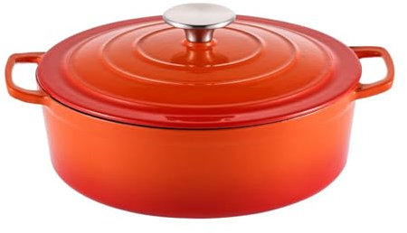 Cast Iron Casserole Dish with Lid Oval Enamelled Casserole Pot Dutch Oven for Stews Roasting Braising Induction Gas Electric Hob All Stovetops Oven Safe Cookware Heavy Duty (Orange)