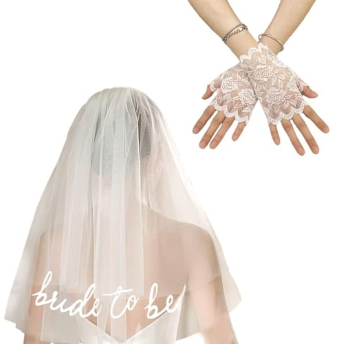 Voile De Mariée En Dentelle Blanc - Paire De Gants Pour Enterrement De Vie De Jeune Fille, Communion Pour Filles
