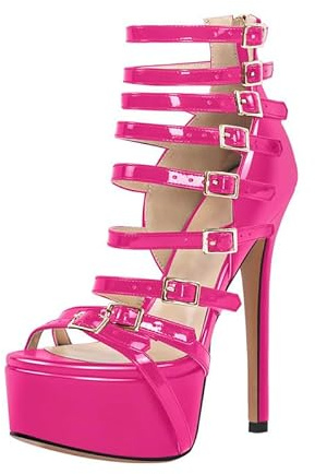 blingqueen Pink Platform Sandals Women Adjustable Buckles Sky High Heels Pumps Slippers Stilettos Heels Sandals Dressy Buckle Up Ankle Wrap Gladiator Prom Wedding Shoes Size 8