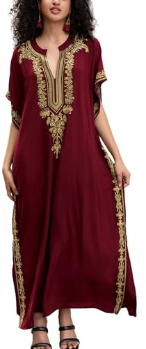 YouKD Vestido de playa bohemio bordado floral estilo caftán para mujer, bata de baño larga para mujer, A rojo, talla única