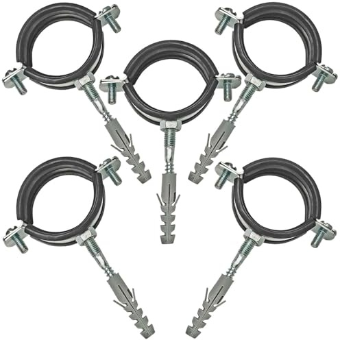 MegaHaustechnik 2-Schrauben-Rohrschellen aus Stahl verzinkt, Set 5 Stück mit Stockschrauben und Dübel, Spannbereich 60 bis 64mm Rohr-Außendurchmesser 2 Zoll, mit Schallschutz, mit M8 Gewinde-Mutter