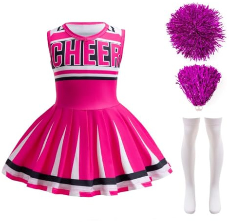 Lito Angels Disfraz Vestido Animadora Cheerleader Ropa de Carnaval Fiesta con Pompones y Calcetines para Niñas Talla 5-6 años, Rosa fuerte