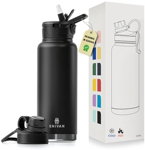 ENIVAN, Gourde Sport Isotherme 1L avec 2 Bouchons Paille et Embout – Bouteille d'Eau Inox Sans BPA, Étanche, Anti-Fuite, Double Paroi, pour Fitness, Musculation, Randonnée, Camping, Bureau, École
