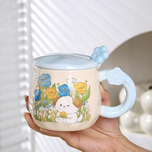 Goodswsw Kawaii Keramikbecher mit Blumenmuster und niedlichem Hundedesign mit Deckel, hellblauem Löffel mit Blumengriff und Geschenkbox, 390ml. Geeignet für Geburtstage, Weihnachten und ande (Blau)