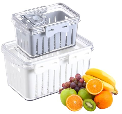 Bofanze 2 PCS Fresh Food Storage Containers for Fridge Clear Salad Fresh Container Fridge with Lids Fresh Food Containers with Drain Baskets with Vent Holes and Handle for Fruit and Vegetables