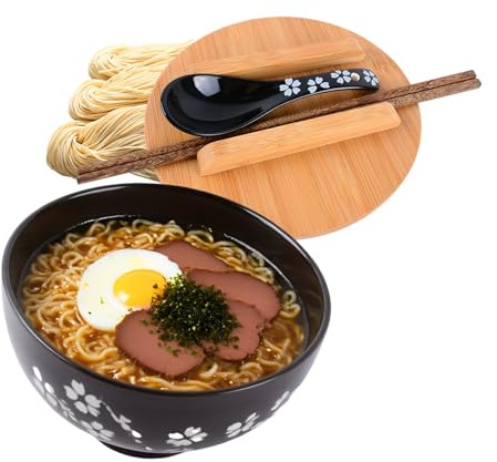 Ramen Schüssel Keramik Bowl Set, Japanisches Ramen Schüssel 1000ML Keramik Suppenschüssel Schwarzes Ramen Bowl Set,Inkl. Stäbchen, Deckel und Löffel(Schwarz)
