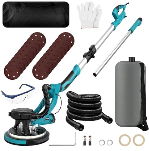 Drywall Sander, 1250W 11.5-Amp Electric Drywall Sander with Vacuum, Popcorn Ceiling Removal Tool with Variable Speed 800-1800RPM, Foldable & Extendable Handle, LED Light