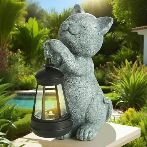 Statue de jardin solaire en forme de chat avec lumière LED – Figurine de chat mignon pour décoration extérieure, veilleuse en résine résistante aux intempéries pour cour, terrasse, pelouse, cadeau