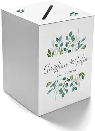 Ausgewählt verpackt Kartenbox Hochzeit selbst gestalten – Geschenkbox mit Namen des Brautpaares, Datum – Hochzeitsbox für Geldgeschenke – Briefbox, Geldbox am Geburtstag (Motiv-1, weiß)