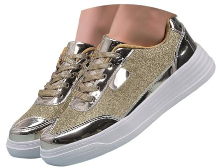 Damsneakers, glitter, lackskor, halvskor, kvinnor, snörskor, bekväma sportskor, platta, promenadskor, chic, fritidsskor, löparskor för vardagen, Guld, 36 EU