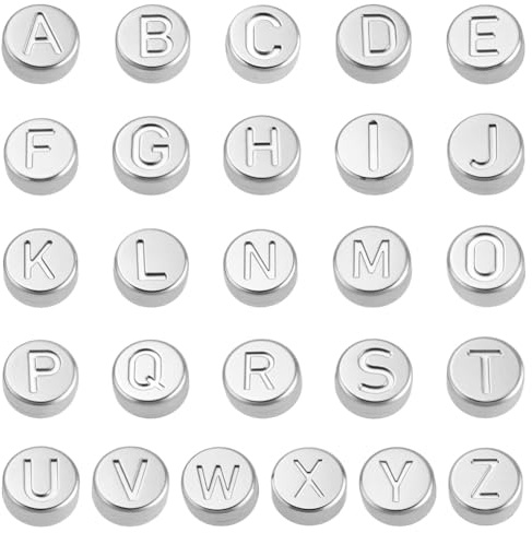 PH PandaHall 26pz Perline Lettere Alfabeto in Acciaio Inox Perline con Lettere A-Z, 7mm Argento Perlina Distanziatori Tondi Piatti per Creazione di Gioielli Bracciali Collane Orecchini