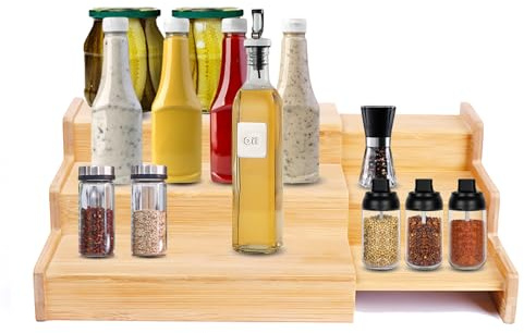 Eidoct 3-Tier Expandable Wooden Spice Rack - Adjustable Step Shelf Organizer for Cabinet, Pantry & Cupboard | Free Standing Spice Jar Storage Shelf with Non-Slip Design