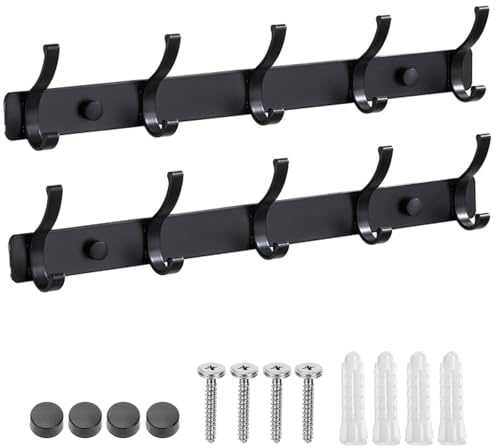 2 Pack Coat Hooks Wall Mounted with 10 Hooks Total , Hanger Wall Double Hook Rack, Heavy Duty Rust-Proof Coat Rack for Jackets, Bags, Hats & Towels in Bathroom, Bedroom, Kitchen & Entryway (black)