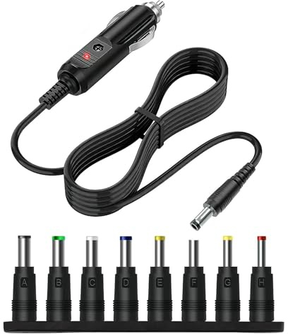 12V 5A Universal DC Netzteil Adapter 5.5x2.1mm mit 1,5m Kabel, DC Hohlstecker Stecker mit 8 Adaptersteckern, KFZ Ladegerät Netzkabel Zigarettenanzünder DC Stecker für DVD Player, GPS, Tablet, Kamera