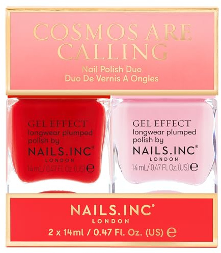 Nails Inc Cosmos Are Calling Nail Polish Duo, Long Lasting, Easy Manicure Look, Cruelty Free, Vegan, 21 Free Formula, Coral Red, Pale Pink, Gel Effect, Plumping Effect, 2 Piece Set