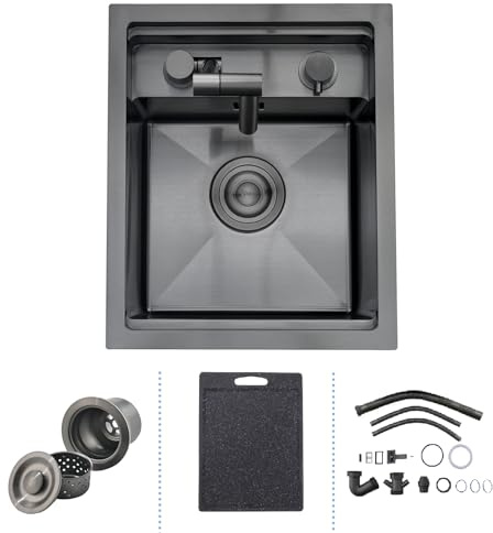 35×45cm Fregadero de Bar de Cocina Oculto con Grifo Plegable Fregadero Cocina Negro Gris, Fregadero de Barra de Estación de Trabajo Empotrable de Acero Inoxidable Oculto Para Pequeña
