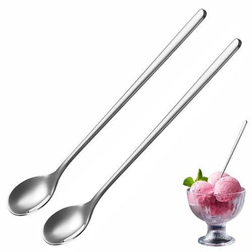 2 x Long Handled Teaspoons Spoons Latte Coffee Stainless Steel Set of Tea Spoon Cutlery for Ice Cream Sundae Handle