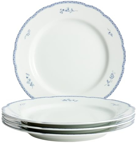Fyrklövern Blaues Landhaus Flacher Teller, 4er-Set, 26 cm, Porzellan, Klassischer Blumenrand, Spülmaschinenfest, Blau/Weiß