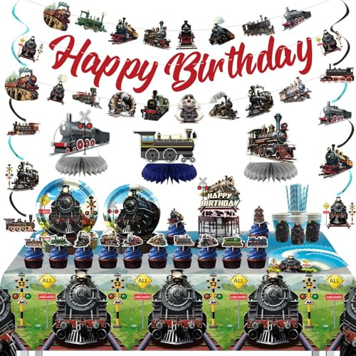 Decoraciones de cumpleaños de tren, decoraciones de fiesta de tren, incluye pancarta de feliz cumpleaños, plato, taza, servilleta, decoración de pastel, mantel colgante de techo para locomotora