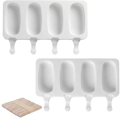 2 Pcs Ice Cream Moulds, Set of 2 White Moulds and 50 Sticks, Measuring 25.5 by 10.5 cm, Ice Lolly Moulds with Sticks, Large Oval ICES Cream Moulds, Easy Release Design for Homemade ICES