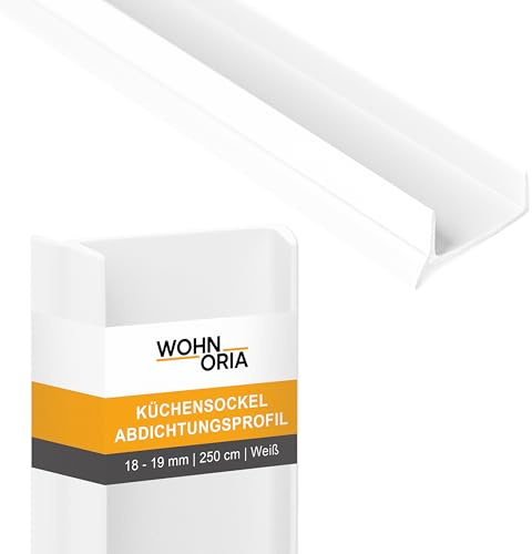 WOHNORIA Küchensockel Abdichtungsprofil 18-19 mm 250 cm | WEIß | Sockelprofil Sockelblendenprofil | Küchenleiste mit Gummilippe | flexibel & wasserdicht | für Küchensockel, Boden & unter Möbel