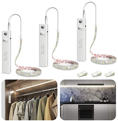 LED Band mit Bewegungsmelder, SIBI Batteriebetrieben Kleiderschrank Beleuchtung, Schranklicht Normales Weißes 4000K, Überall Aufkleben Nachtlicht für Schlafzimmer, Küche, Schrank Beleuchtung, 3 Pack