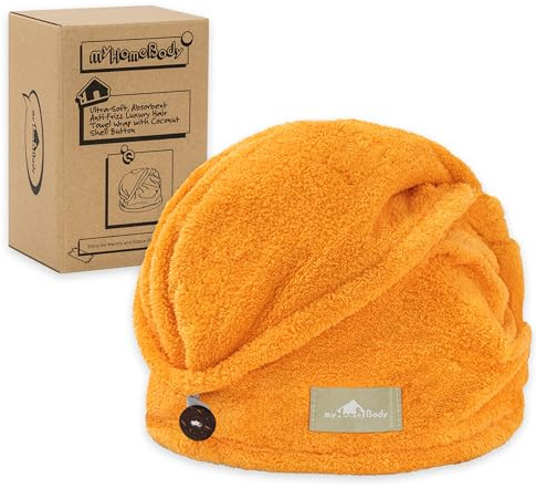 myHomeBody Haartuch-Wickeltuch, luxuriöser, schnelltrocknender Turban, ultraweiche, saugfähige Kappe aus Kohlefaser, mit Kokosnussschalenknopf – Mango