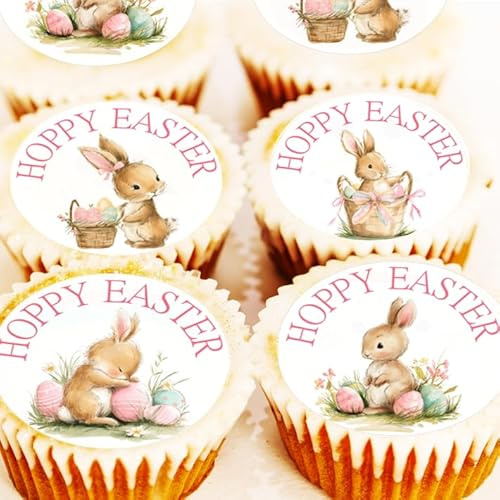 Easter Bunny Cupcake Decorations - Hoppy Easter Cake Toppers - Pre Cut - 4cm x 24 - Edible Icing or Wafer - Rabbit Hop Topper (Edible iCING)