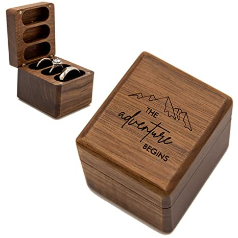 MUUJEE Engraved 3 Slot Wood Ring Box - 2.25 x 2 x 2 The Adventure Begins with Mountain - Rings Case in Brown Walnut Jewelry Holder for Womens Men Engagement Anniversary Couples Wedding and Bearer Box