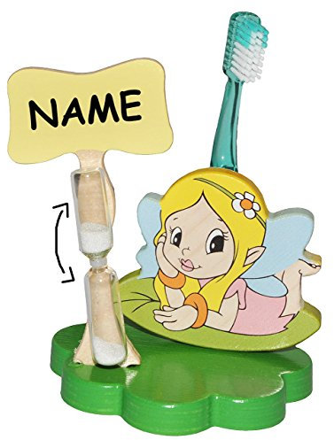 alles-meine.de GmbH Zahnbürstenhalter/Zahnputzuhr - Elfe/Fee/Prinzessin mit Blume incl. Name - mit Sanduhr + Zahnbürste - aus Holz - Badezimmer Bad Kinderzahnbürste/Mädch..