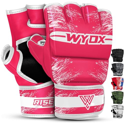 WYOX MMA Gloves Grappling Sparring, Boxing Gloves Men Women Muay Thai Martial Arts Training, Half Finger Adjustable Mitts Wrist Support Kickboxing Gloves (Pink, S/M (15-21 cm))