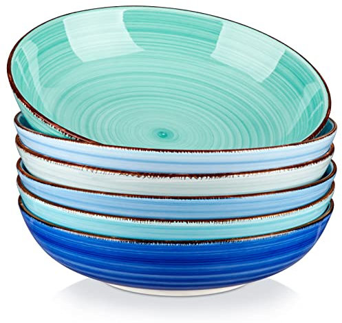 vancasso Bonita 6 Cuencos para Pasta, 1140 ml, Pintados a Mano de Estilo Azul Colores, Platos de Cerámica de 21,6 cm, Juego de Cuencos de Cena para Sopa, Ensaladas, Apto para Lavavajillas y Microondas