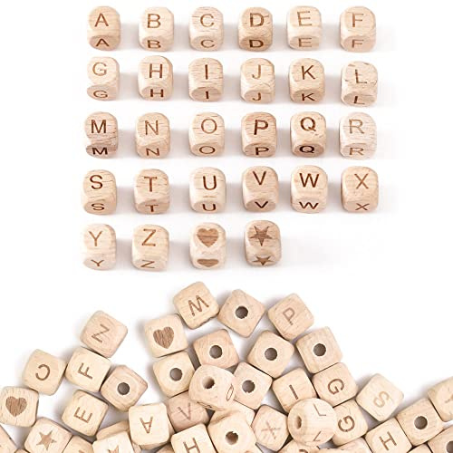 SIYINGSAERY 90 Cuentas de Madera para Manualidades Cuadradas con 26 Letras y Patrones de Corazón y Estrella, 12 mm, 5 mm de Agujero, Caja de Almacenamiento Incluida
