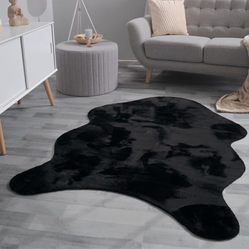 TT Home Wohnzimmer Teppich Unifarben Flauschig Modern Kunstfell Kurzflor, Farbe: Schwarz, Größe:80x120 cm Fell-Form